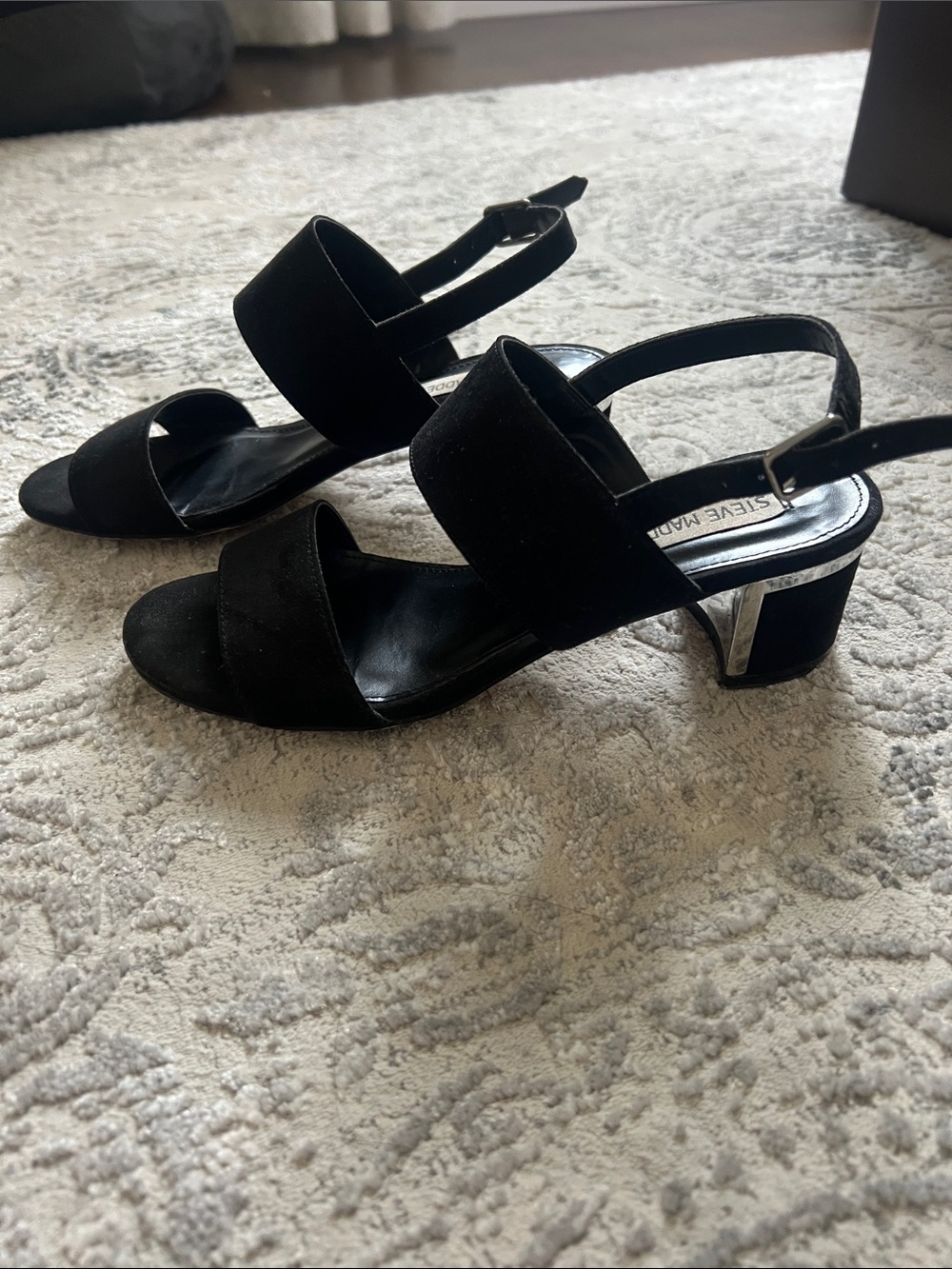 Steve Madden Black Suede Block Heel Sandals with Metallic Accent